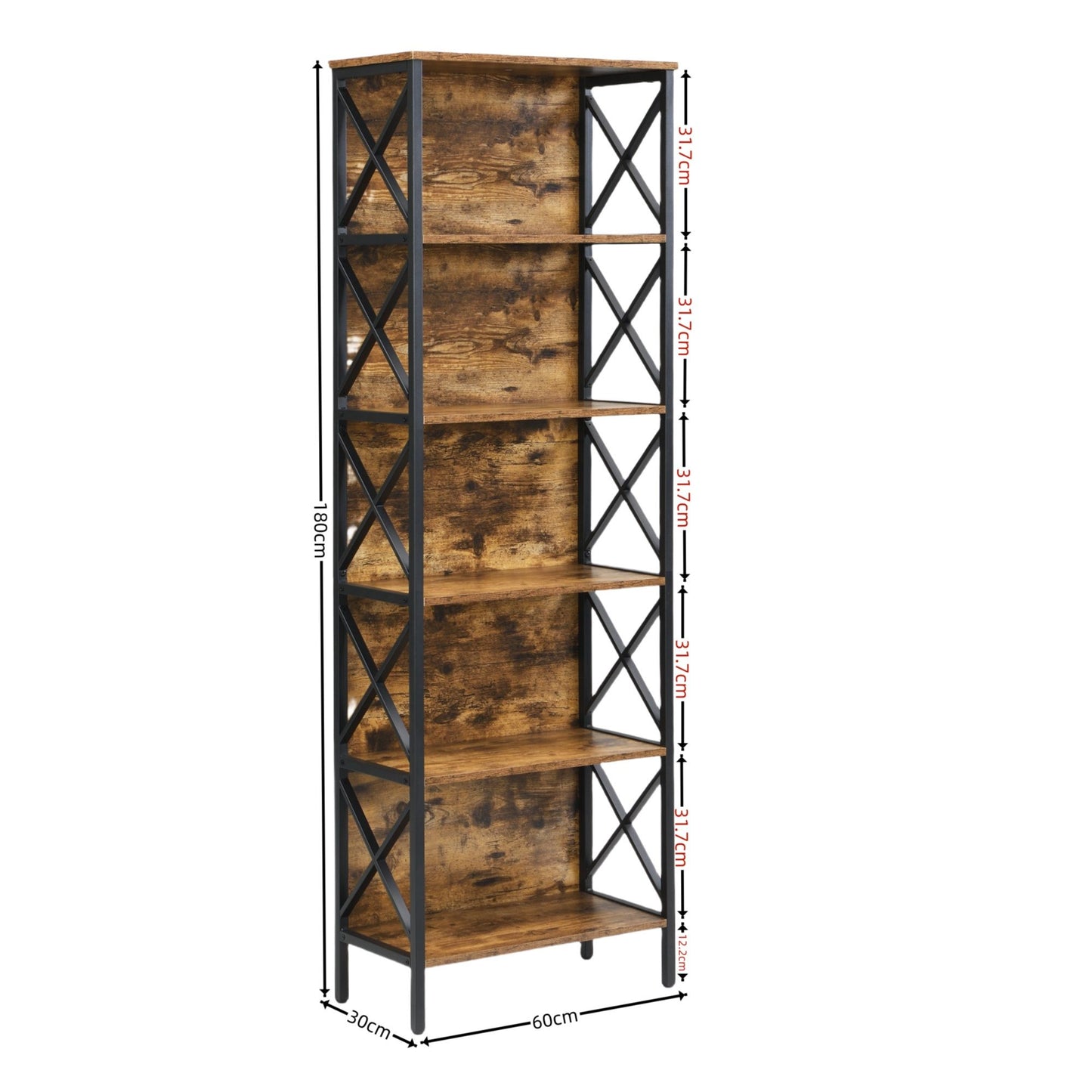 6 Tier Tall Bookshelf, Rustic Brown