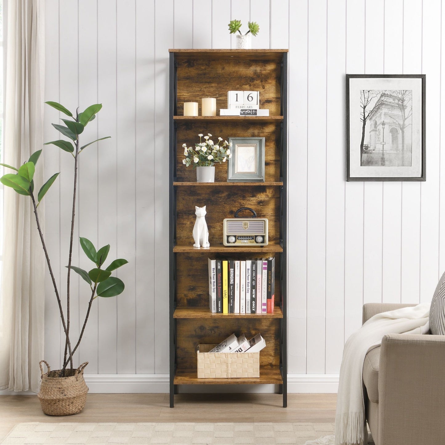 6 Tier Tall Bookshelf, Rustic Brown