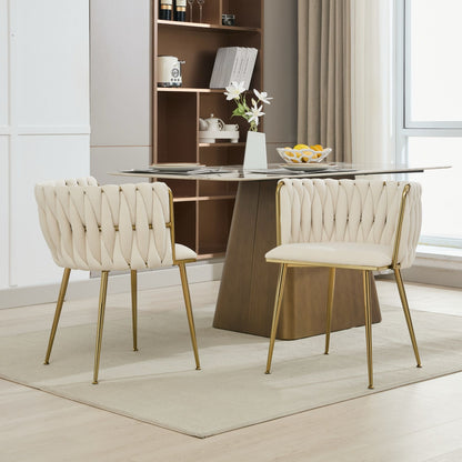 Set of 2 Velvet Upholstered Woven Dining Chairs with Golden Metal Legs, Beige