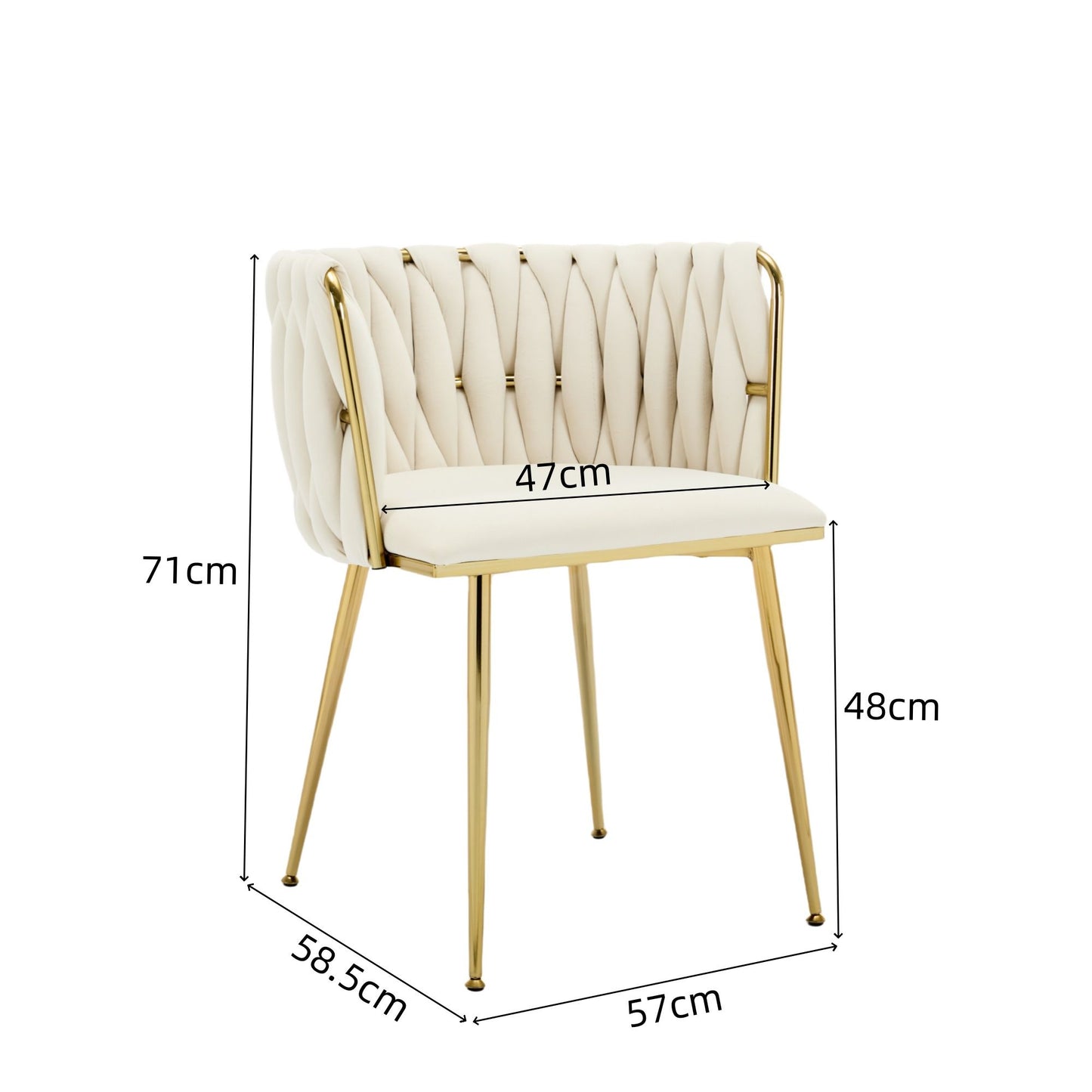 Set of 2 Velvet Upholstered Woven Dining Chairs with Golden Metal Legs, Beige