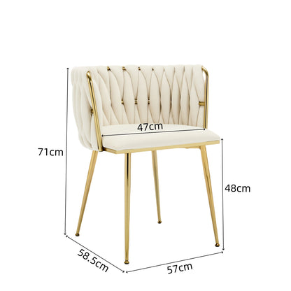 Set of 2 Velvet Upholstered Woven Dining Chairs with Golden Metal Legs, Beige