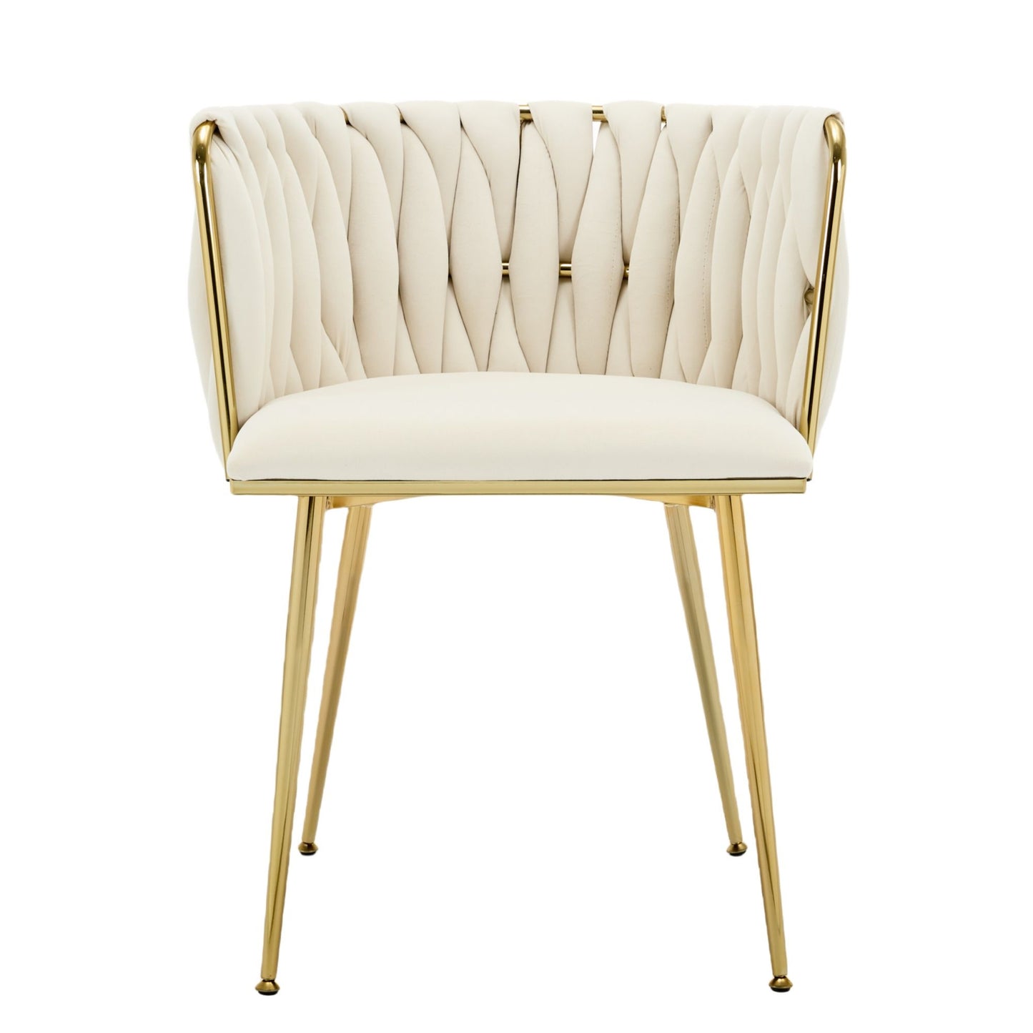 Set of 2 Velvet Upholstered Woven Dining Chairs with Golden Metal Legs, Beige