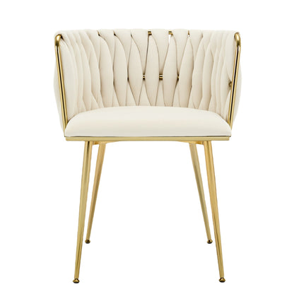 Set of 2 Velvet Upholstered Woven Dining Chairs with Golden Metal Legs, Beige