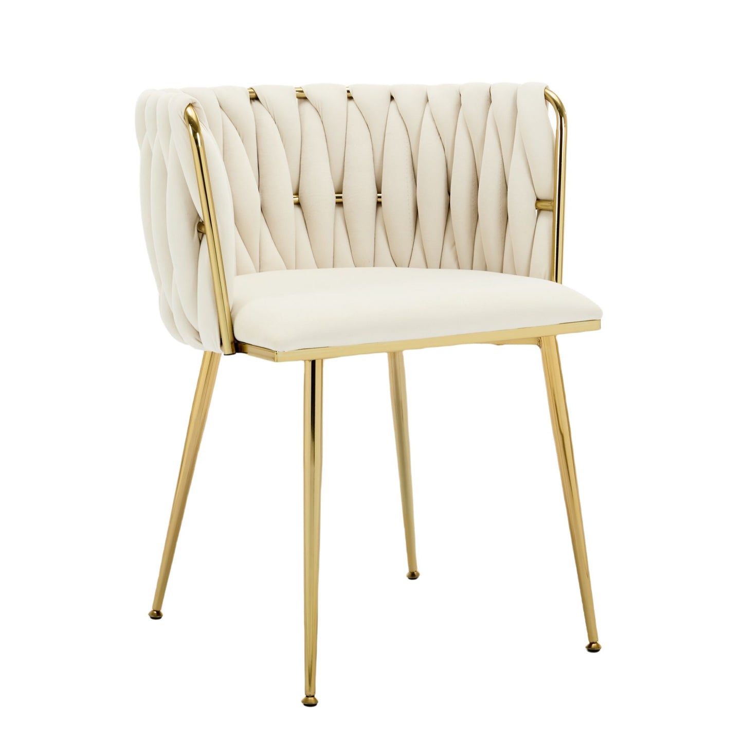 Set of 2 Velvet Upholstered Woven Dining Chairs with Golden Metal Legs, Beige