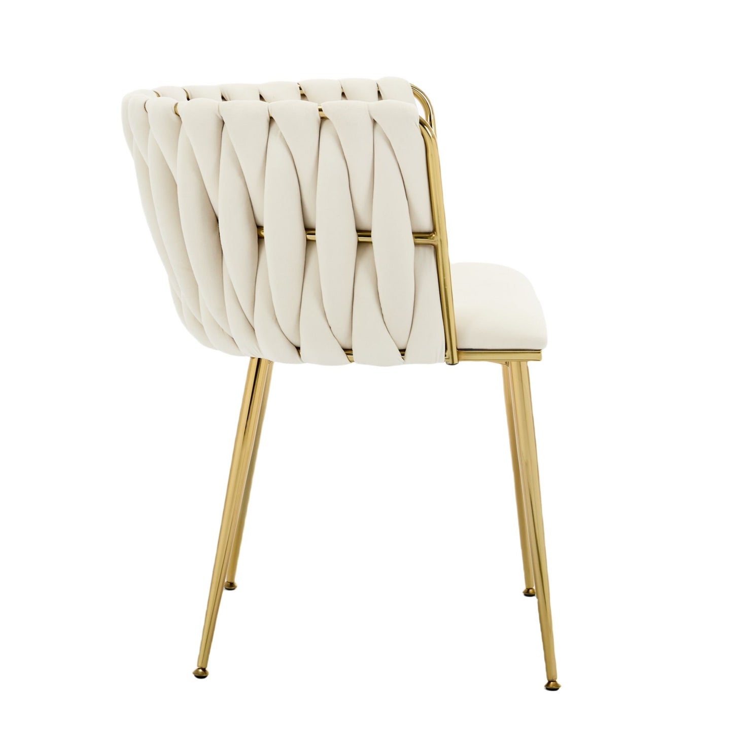 Set of 2 Velvet Upholstered Woven Dining Chairs with Golden Metal Legs, Beige