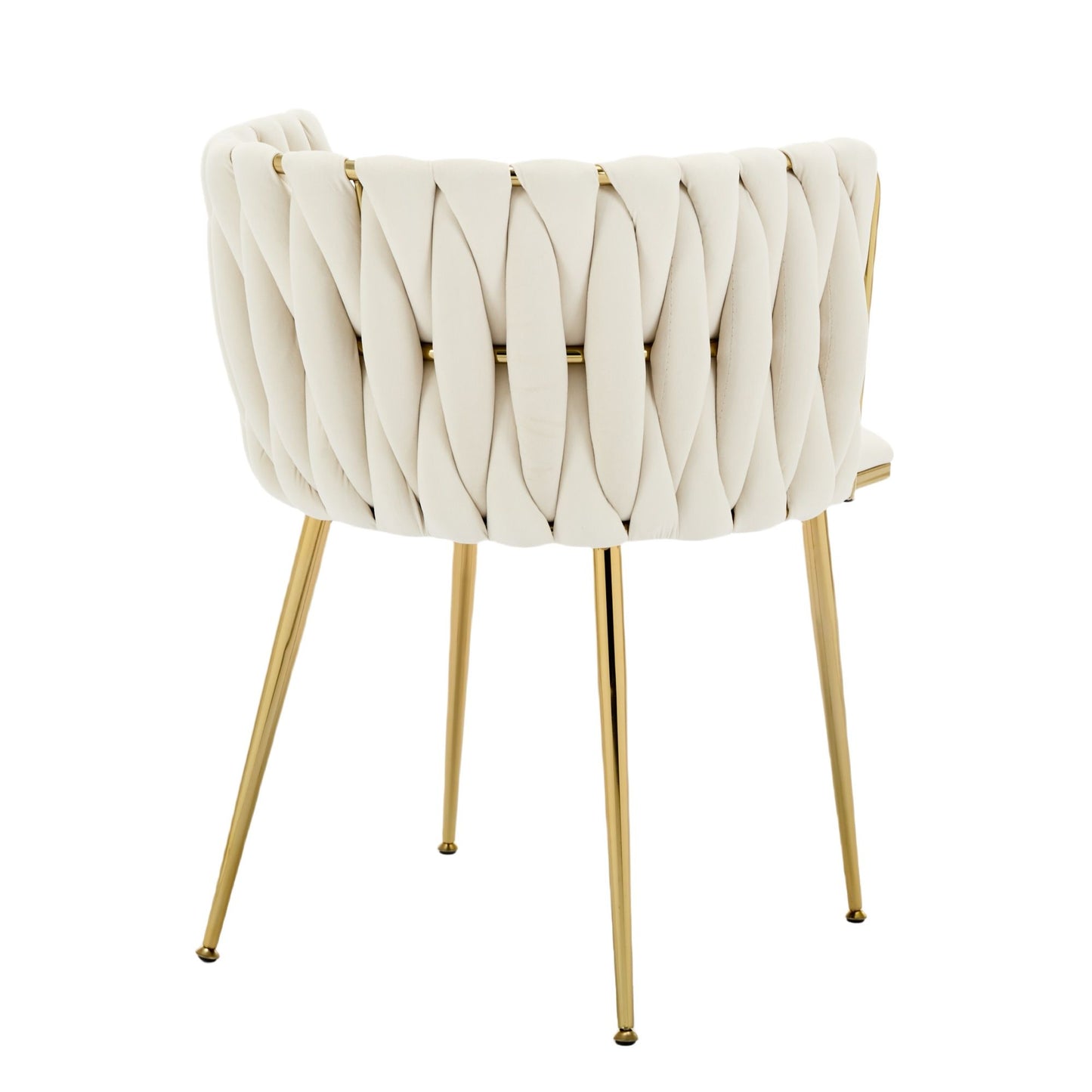 Set of 2 Velvet Upholstered Woven Dining Chairs with Golden Metal Legs, Beige