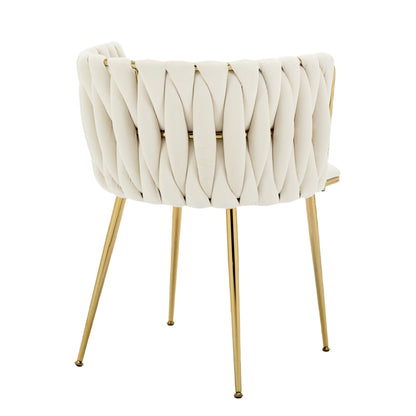 Set of 2 Velvet Upholstered Woven Dining Chairs with Golden Metal Legs, Beige