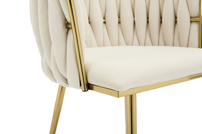 Set of 2 Velvet Upholstered Woven Dining Chairs with Golden Metal Legs, Beige