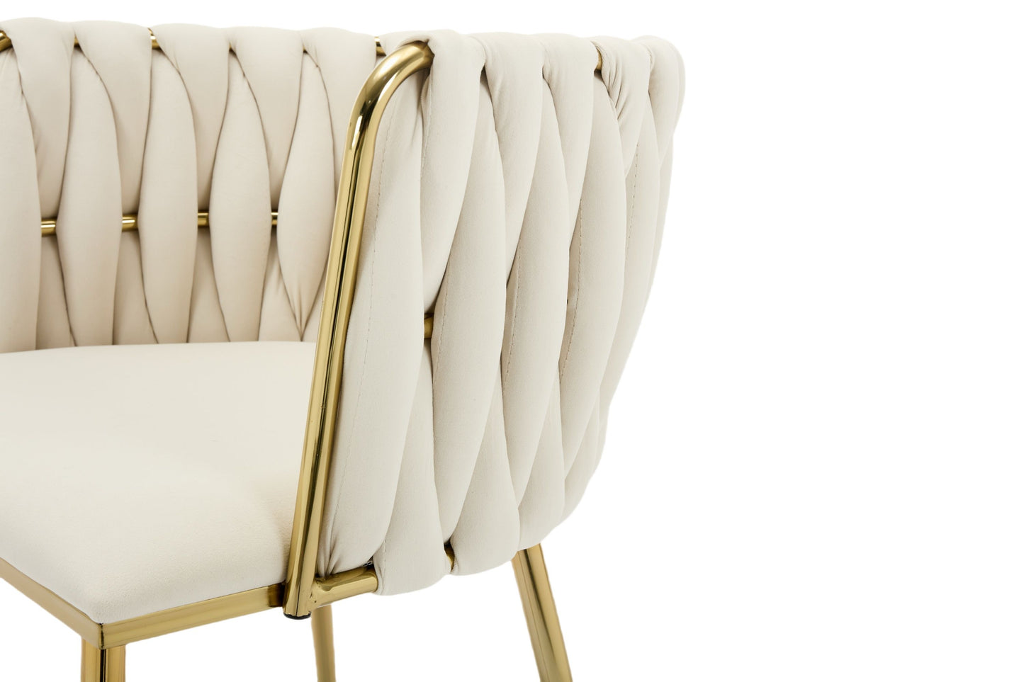 Set of 2 Velvet Upholstered Woven Dining Chairs with Golden Metal Legs, Beige