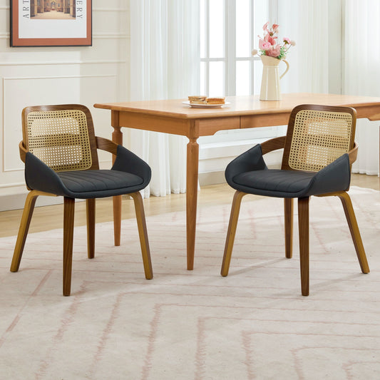 Set of 2 Rattan Back Dining Chairs, Black Faux Leather