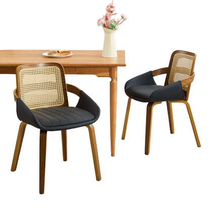 Set of 2 Rattan Back Dining Chairs, Black Faux Leather
