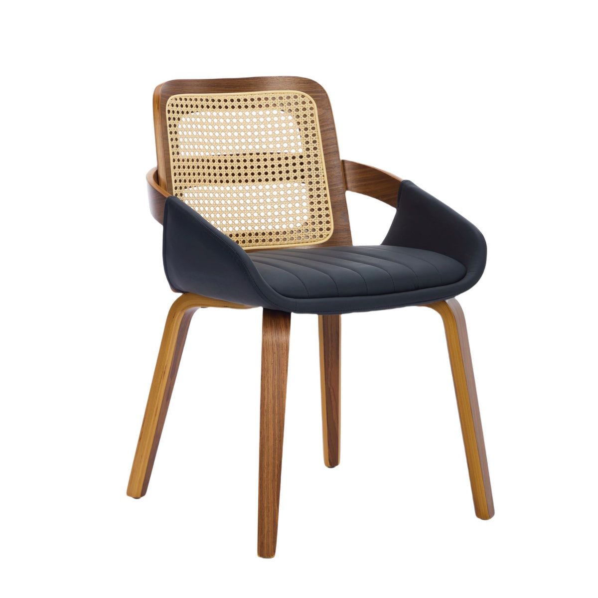 Set of 2 Rattan Back Dining Chairs, Black Faux Leather
