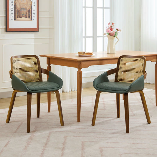 Set of 2 Rattan Back Dining Chairs, Green Faux Leather