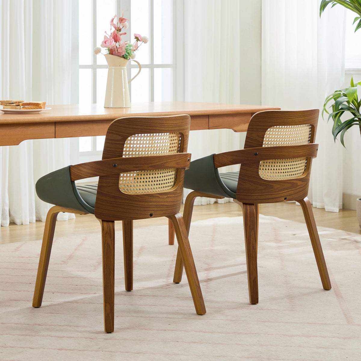 Set of 2 Rattan Back Dining Chairs, Green Faux Leather