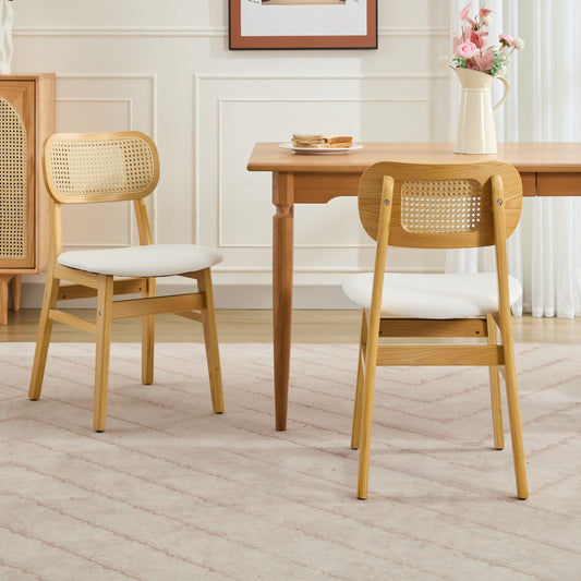 Rattan Back Dining Chairs Set of 2, White Faux Leather