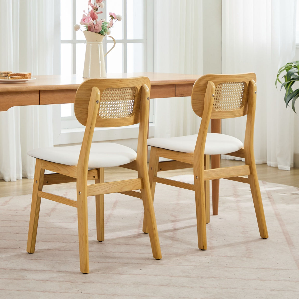 Rattan Back Dining Chairs Set of 2, White Faux Leather