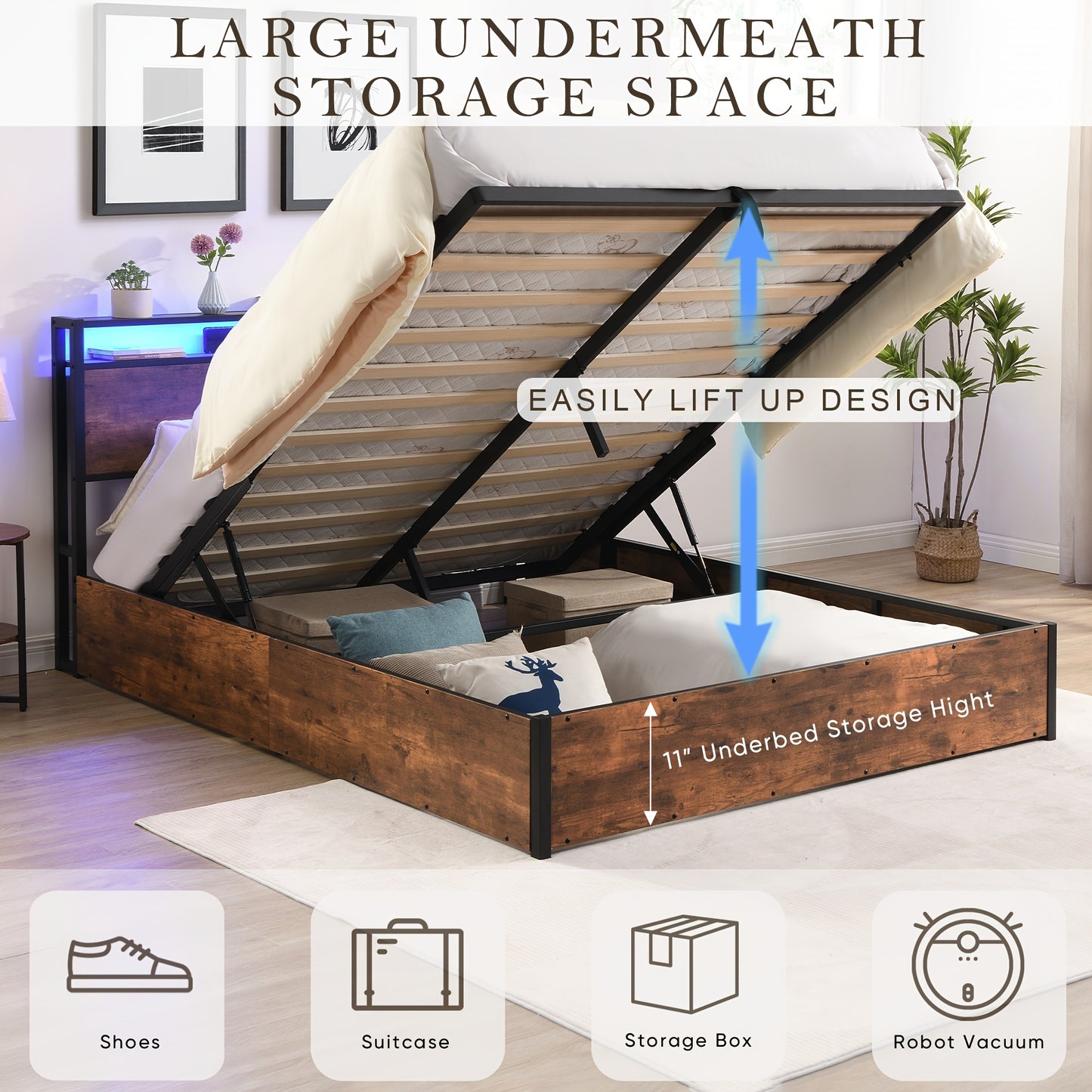 Gas Lift Bed Frame with Storage, Double Size Wooden Slats Platform Bed Frame with LED Lights and Charging Station, No Box Spring Needed, Noise Free, Rustic Brown
