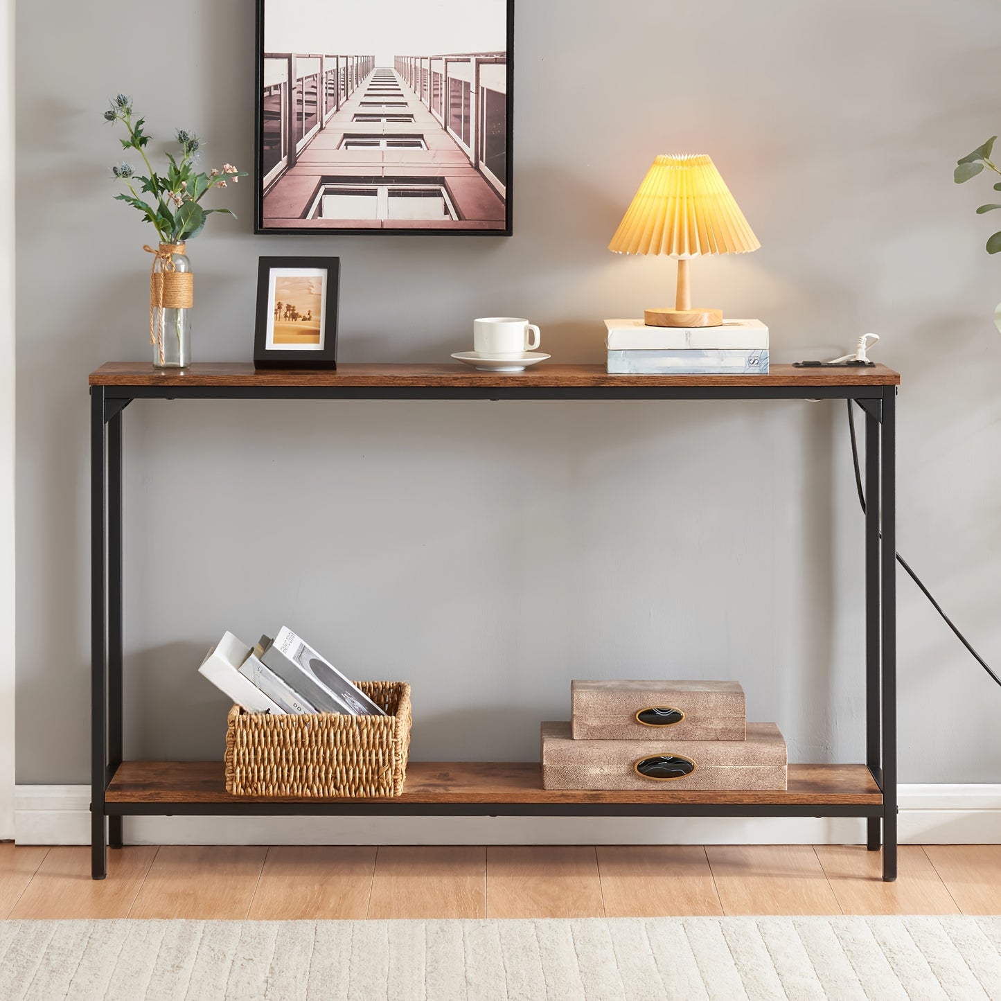 2 Tier Console Table with Power Outlets and USB Ports, Wood Entryway Table with Charging Station & Storage Shelf, Narrow 2-Tier Sofa Table for Living Room Hallway Foyer