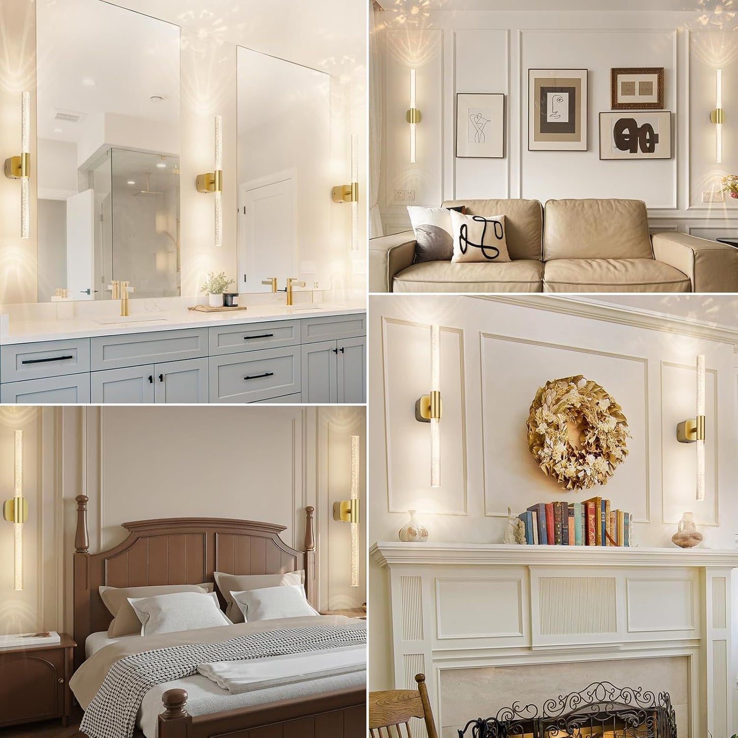 Battery Operated Wall Sconce Set of 2 Brushed Gold 12000mAh Rechargeable Wall Light with Crystal Acrylic 24" Wireless CCT Dimmable 350°Rotate Remote Wall Lamp for Bedroom Living Room