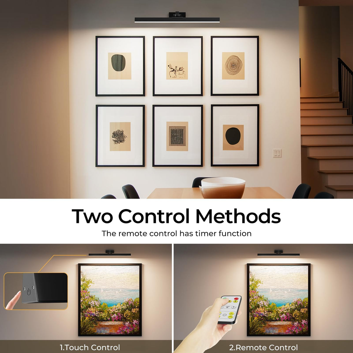 Wall Picture Light, 24in Battery-Powered Gallery Light for Artwork, CCT Dimmable Rechargeable Battery Wall Lamp with Remote Control for Living Room, Gallery, and Dartboard (Black)