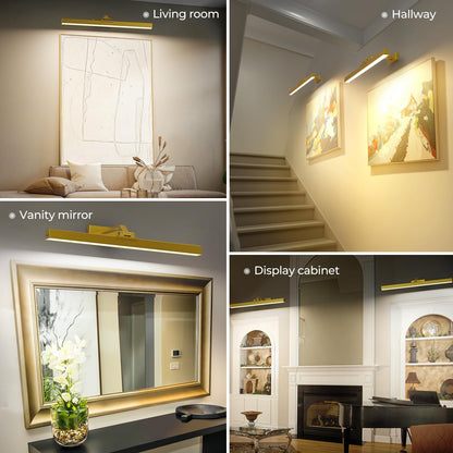 Wall Picture Light, 24in Battery-Powered Gallery Light for Artwork, CCT Dimmable Rechargeable Battery Wall Lamp with Remote Control for Living Room, Gallery, and Dartboard (Gold)