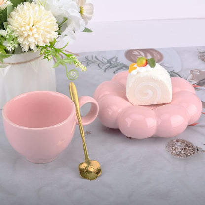 Cute Pink Ceramic Coffee Cup with Saucer Flower Spoon and Sunflower Coaster