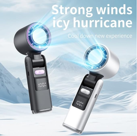 Portable Fan Handheld Mini Turbo Fan Battery ， High Speed Powerful Ice Cooling 5 Speed Adjustable Rechargeable Personal Fans for Beach Camping Travel Working （White）