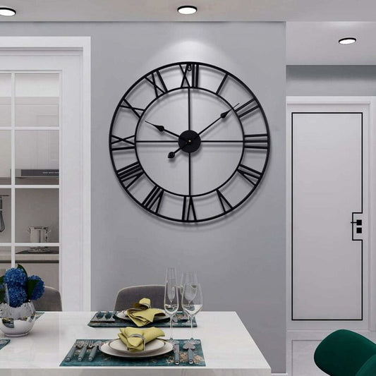 Large ROund Metal Wall Clock Vintage Style Silent Non Ticking Battery Operated 40Cm Black ROman Numeral Clocks For