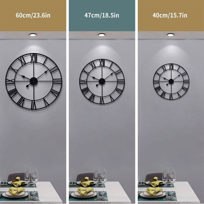 Large ROund Metal Wall Clock Vintage Style Silent Non Ticking Battery Operated 40Cm Black ROman Numeral Clocks For
