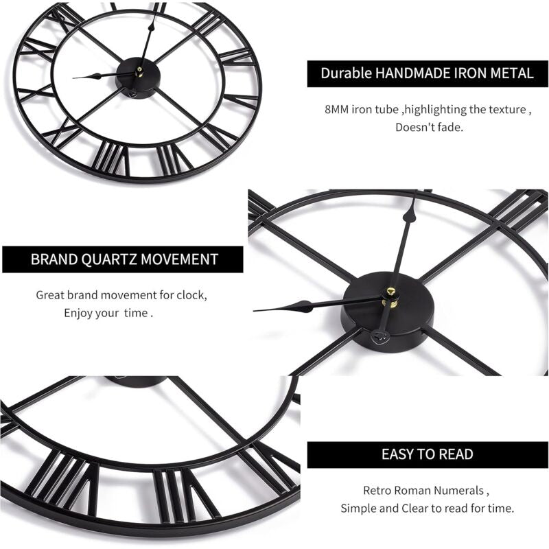 Large ROund Metal Wall Clock Vintage Style Silent Non Ticking Battery Operated 40Cm Black ROman Numeral Clocks For