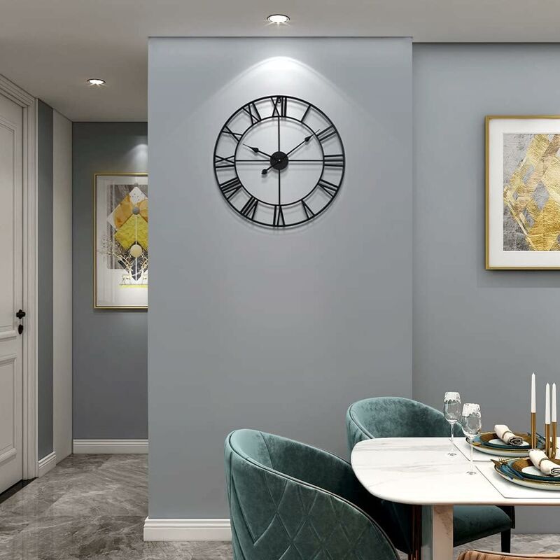 Large ROund Metal Wall Clock Vintage Style Silent Non Ticking Battery Operated 40Cm Black ROman Numeral Clocks For