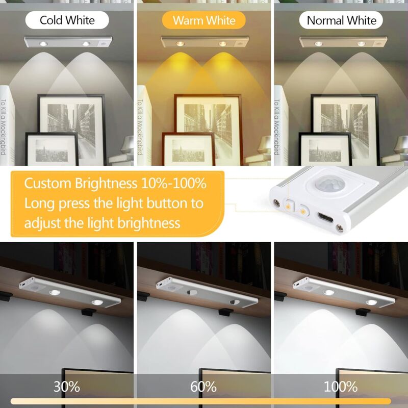 2 pcs Wireless LED Closet Lights, Dimmable Under Cabinet Lights, Motion Sensor, 3 Lighting Modes, Closet Light For