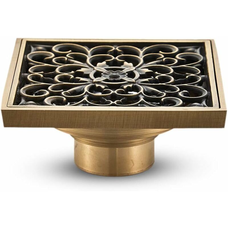Brass Bathroom Floor Drain - Antique Unique Square Shower Drain Flower Carved For Toilet Garden 10Cm