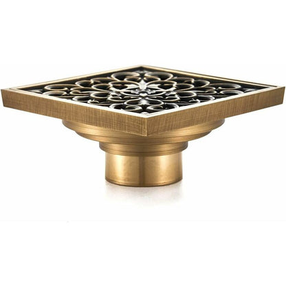 Brass Bathroom Floor Drain - Antique Unique Square Shower Drain Flower Carved For Toilet Garden 10Cm
