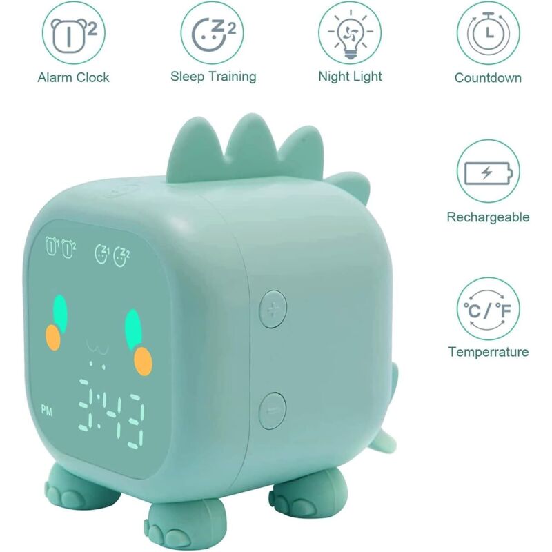 Cute Kids Alarm Clock, Multifunctional Adjustable Night Light Countdown Snooze Voice Control Rechargeable Clock (Green)