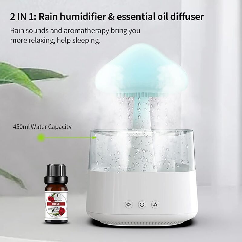 Rain Cloud Humidifier, Essential Oil Diffuser, Cute Mushroom Night Light With 7 Color Changing, Desktop Fountain, Sound
