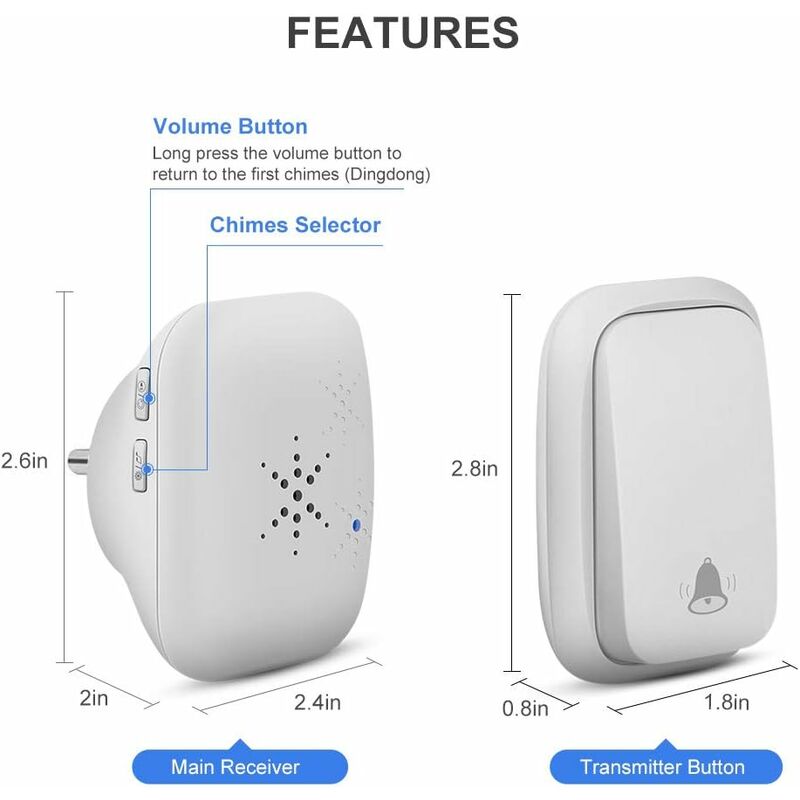 Wireless Doorbell Outdoor Waterproof With 2 Receivers Ip68 Waterproof 150M Range 4 Volume Levels 36 Ringtones Battery