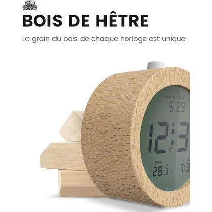 Wooden Digital Alarm Clock, Lcd Digital Clock With DAte, Temperature, Snooze, Backlight, Battery Powered Digital