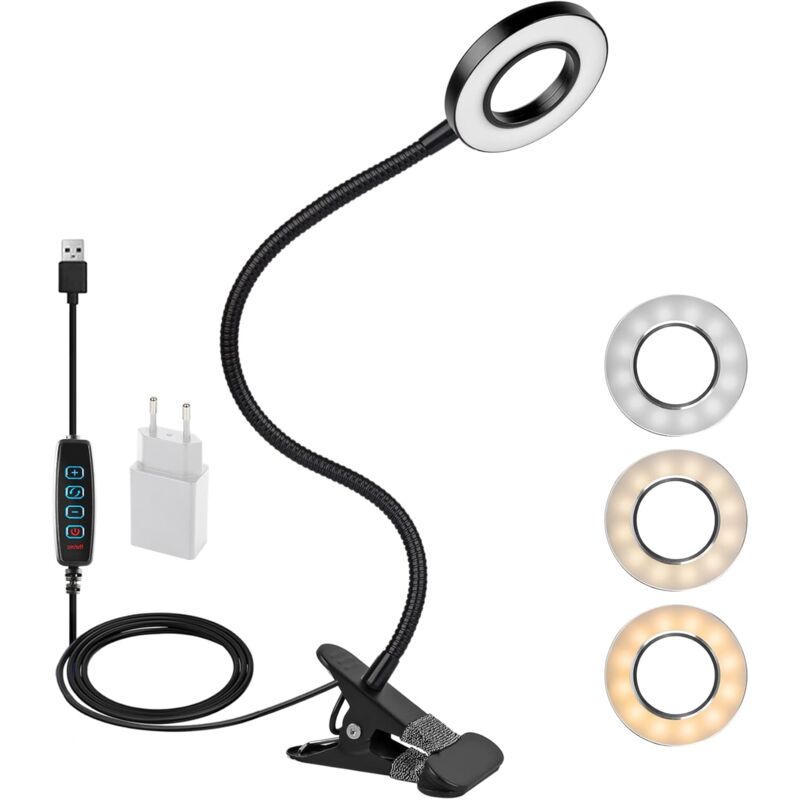360° Flexible LED Clip-On Lamp 3 Modes 10 Dimmable Levels For Headboard Bedroom Office 12W With Ce Adapter Black