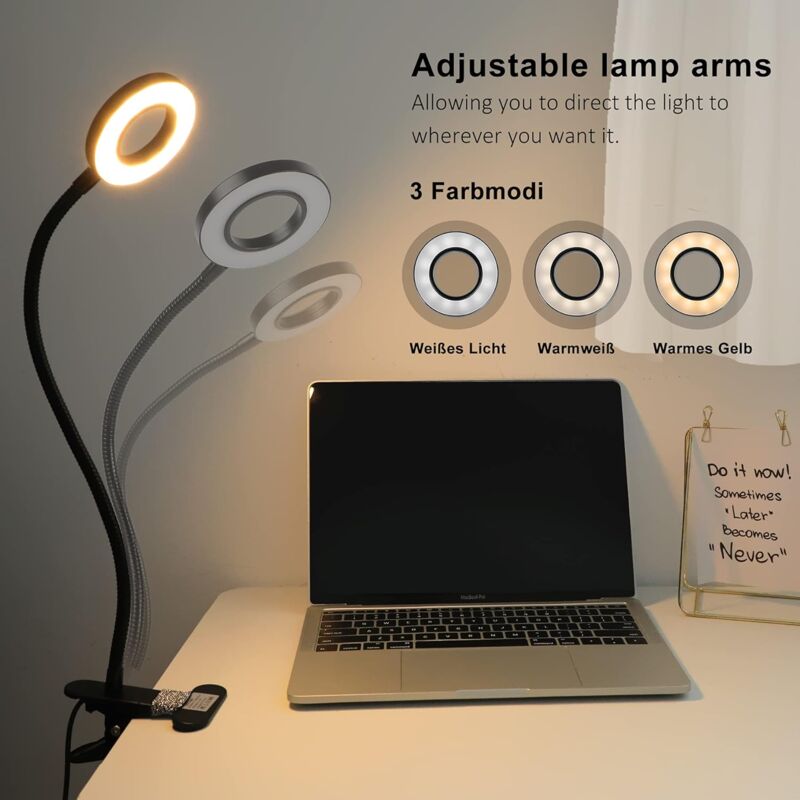 360° Flexible LED Clip-On Lamp 3 Modes 10 Dimmable Levels For Headboard Bedroom Office 12W With Ce Adapter Black