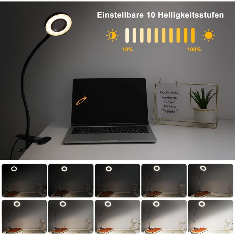 360° Flexible LED Clip-On Lamp 3 Modes 10 Dimmable Levels For Headboard Bedroom Office 12W With Ce Adapter Black