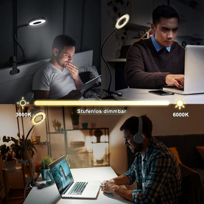 360° Flexible LED Clip-On Lamp 3 Modes 10 Dimmable Levels For Headboard Bedroom Office 12W With Ce Adapter Black