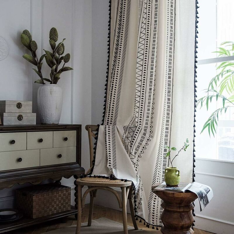 1 Panel Bohemian Curtains Cotton Linen Black Tassel Curtains For Living ROom Bedroom (White, 150 X 180 Cm)