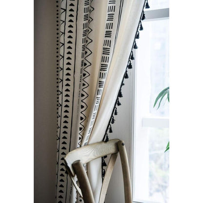 1 Panel Bohemian Curtains Cotton Linen Black Tassel Curtains For Living ROom Bedroom (White, 150 X 180 Cm)