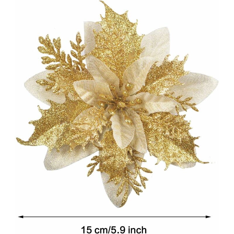 12 pcs Glitter Christmas Flowers (15Cm) With 12 pcs Artificial Poinsettia For Christmas Tree（Gold）