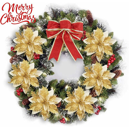 12 pcs Glitter Christmas Flowers (15Cm) With 12 pcs Artificial Poinsettia For Christmas Tree（Gold）
