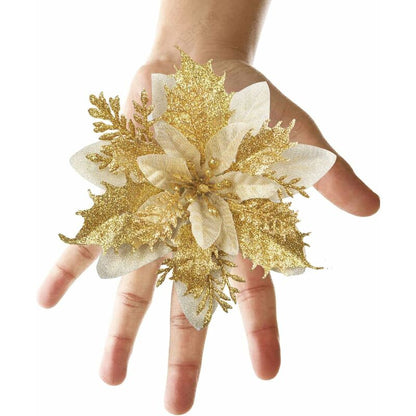 12 pcs Glitter Christmas Flowers (15Cm) With 12 pcs Artificial Poinsettia For Christmas Tree（Gold）