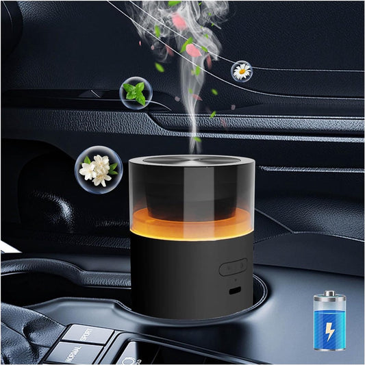 Car essential oil diffuser with automatic on/off function, portable humidifier with memory function, battery operated, with 8-color ambient light for car, home, office and travel (black)