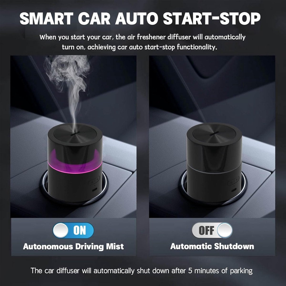 Car essential oil diffuser with automatic on/off function, portable humidifier with memory function, battery operated, with 8-color ambient light for car, home, office and travel (black)