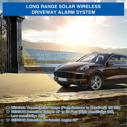 Driveway alarm - Entry detector - Solar driveway alarm - Motion detector - Wireless = Security - Wireless solar driveway alarm - Motion detector - Doorbell - DIY security system - (2 sensors and 1 doorbell)